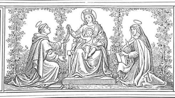 Maria, die Rosenkranzkönigin, übergibt dem heilige Dominikus den Rosenkranz; auf ihrem schoß sitzt das Jesuskind; rechts kniet eine heilige Nonne, die mit einer Schreibfeder und einem Buch zu sehen ist