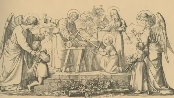 Der heilige Joseph und das Jesuskind sägen einen Baumstamm, der auf zwei Holzböcken liegt; Maria die Muttergottes steht beiseite; rechts und links stehen zwei Engel, bei dem linken kniet ein Junge, bei dem rechten steht ein Mädchen; beide Engel zeigen auf die heilige Familie
