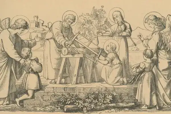 Der heilige Joseph und das Jesuskind sägen einen Baumstamm, der auf zwei Holzböcken liegt; Maria die Muttergottes steht beiseite; rechts und links stehen zwei Engel, bei dem linken kniet ein Junge, bei dem rechten steht ein Mädchen; beide Engel zeigen auf die heilige Familie