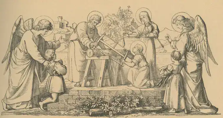 Der heilige Joseph und das Jesuskind sägen einen Baumstamm, der auf zwei Holzböcken liegt; Maria die Muttergottes steht beiseite; rechts und links stehen zwei Engel, bei dem linken kniet ein Junge, bei dem rechten steht ein Mädchen; beide Engel zeigen auf die heilige Familie