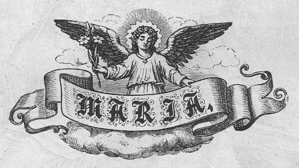 Ein Engel mit einem Lilienzweig in der Hand steht auf einer Wolke