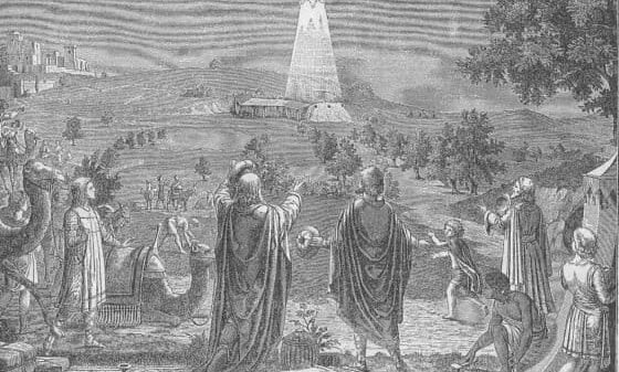 Die heiligen drei Könige (Magier) mit ihren Begleitern sehen den Stern am Himmel, in dem sie das Jesuskind sehen