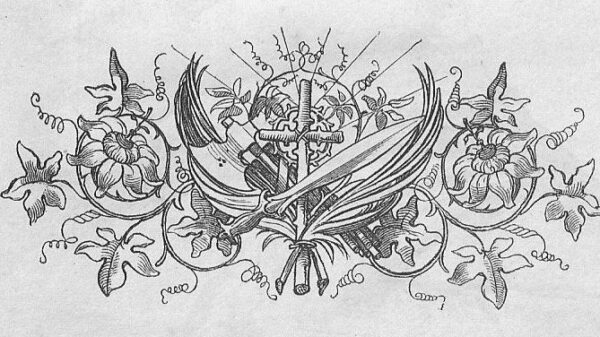 Das Kriegslied des Christen: Ein hölzernes, umrankt von Blumengirlanden; vor dem Kreuz befindet sich ein Schwert sowie ein Beil
