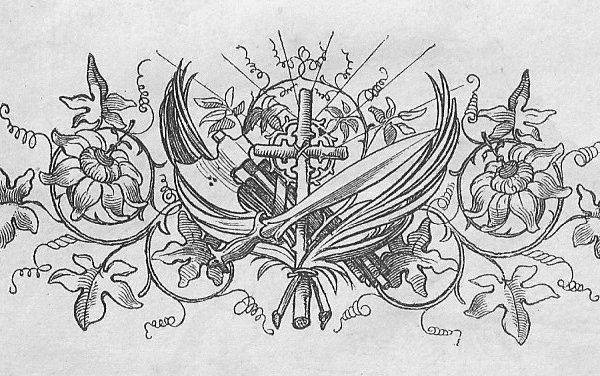Das Kriegslied des Christen: Ein hölzernes, umrankt von Blumengirlanden; vor dem Kreuz befindet sich ein Schwert sowie ein Beil