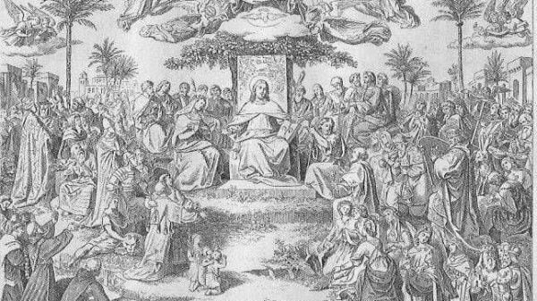 Die heiligste Dreifaltigkeit, Gott Vater, Heiliger Geist als Taube und Christus auf dem Thron, umgeben von Engeln und von Heiligen.