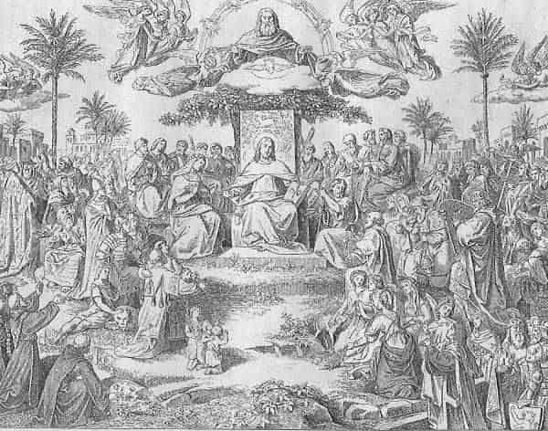 Die heiligste Dreifaltigkeit, Gott Vater, Heiliger Geist als Taube und Christus auf dem Thron, umgeben von Engeln und von Heiligen.