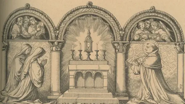 Zu Fronleichnam und zur allgemeinen Anbetung: Auf dem durch drei Bögen aufgeteilte Bild sieht man in der Mitte den Altar, auf dem Monstranz mit dem allerheiligsten Altarsakrament steht sowie vier brennende Kerzen; links knien zwei Nonnen in anbetender Haltung, rechts kniet ein Mönch; über ihm sieht man Engel in dem Bogen