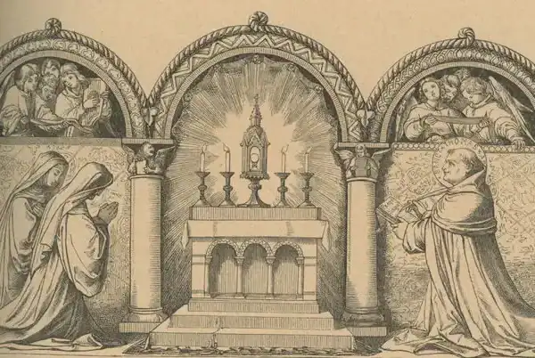 Zu Fronleichnam und zur allgemeinen Anbetung: Auf dem durch drei Bögen aufgeteilte Bild sieht man in der Mitte den Altar, auf dem Monstranz mit dem allerheiligsten Altarsakrament steht sowie vier brennende Kerzen; links knien zwei Nonnen in anbetender Haltung, rechts kniet ein Mönch; über ihm sieht man Engel in dem Bogen