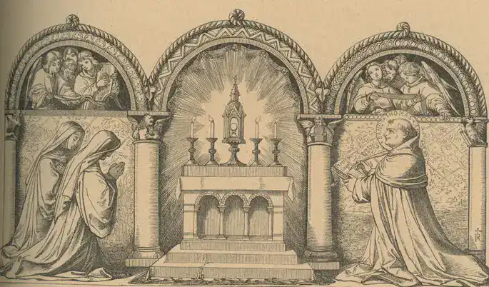Zu Fronleichnam und zur allgemeinen Anbetung: Auf dem durch drei Bögen aufgeteilte Bild sieht man in der Mitte den Altar, auf dem Monstranz mit dem allerheiligsten Altarsakrament steht sowie vier brennende Kerzen; links knien zwei Nonnen in anbetender Haltung, rechts kniet ein Mönch; über ihm sieht man Engel in dem Bogen
