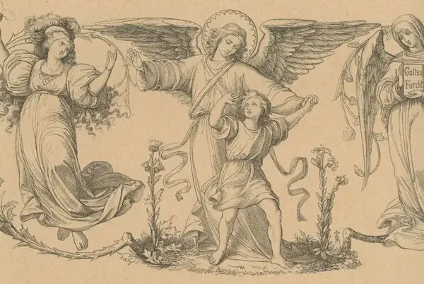 In der Mitte ist der heilige Schutzengel, der das Kind bei der Hand hält; rechts davon steht ein Engel mit einem Buch, auf der linken Seite steht eine Frau, die als Versucherin erscheint, aber vom heiligen Schutzengel mit der rechten Hand abgewehrt wird