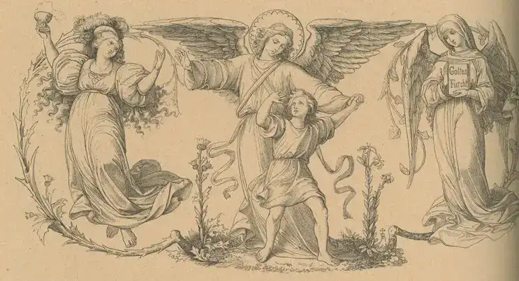 In der Mitte ist der heilige Schutzengel, der das Kind bei der Hand hält; rechts davon steht ein Engel mit einem Buch, auf der linken Seite steht eine Frau, die als Versucherin erscheint, aber vom heiligen Schutzengel mit der rechten Hand abgewehrt wird