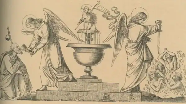 Das Lamm Gottes steht auf dem Brunnen des Lebens, die Engel geben den Kelch zur Kommunion den armen Seelen und dem Pilger auf Erden