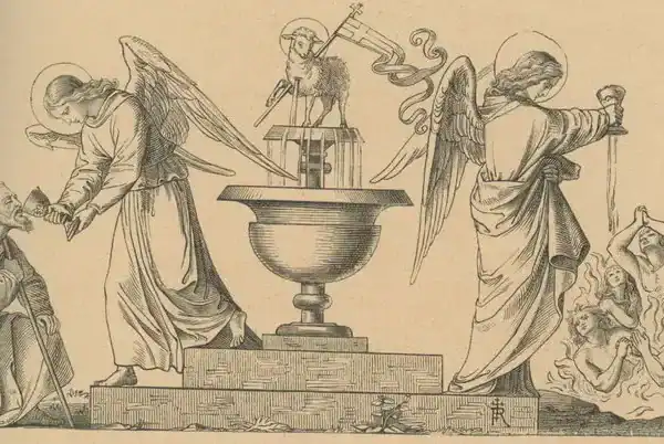 Das Lamm Gottes steht auf dem Brunnen des Lebens, die Engel geben den Kelch zur Kommunion den armen Seelen und dem Pilger auf Erden