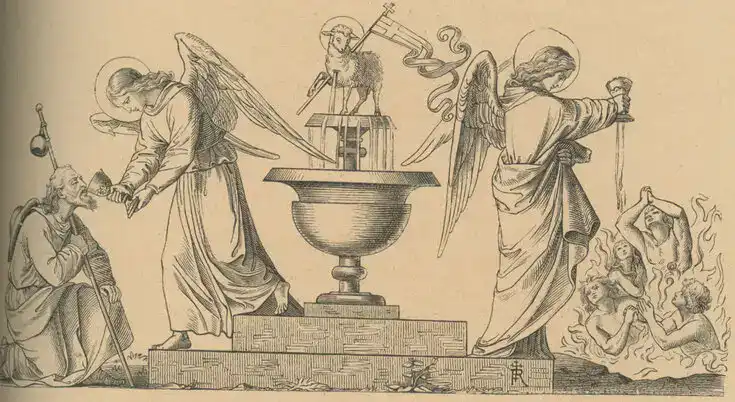 Das Lamm Gottes steht auf dem Brunnen des Lebens, die Engel geben den Kelch zur Kommunion den armen Seelen und dem Pilger auf Erden