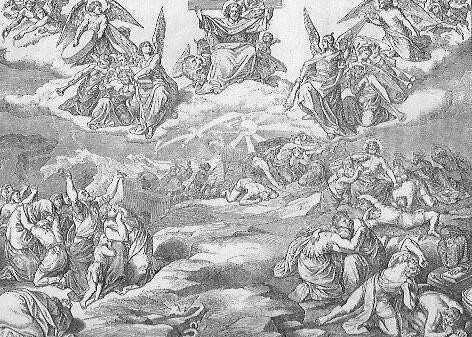 Das jüngste Gericht: Christus sitzt, das Kreuz hinter sich, auf dem Richterstuhl
