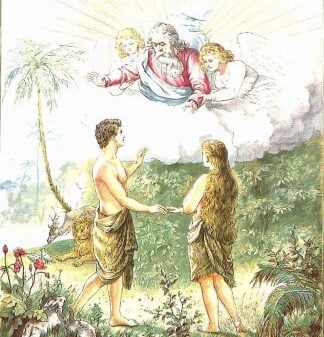 Christlicher Ehestand: Von Gott wurde die Ehe eingesetzt: Adam und Eva im Paradies, umgeben von Pflanzen und Tieren, halten sich die Hand zum Ehebund; am Himmel sieht man Gott, der Adam und Eva als Eheleute segnet