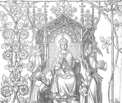 Maria, die Gottesmutter, sitzt als Himmelskönigin auf einem Thron, das Jesuskind auf ihrem Schoß; sie hält in der Hand einen Rosenkranz; zwei Engel rechts und links umschweben sie; ein Mann und eine Frau mit Kind rechts und links im Vordergrund knien vor ihr
