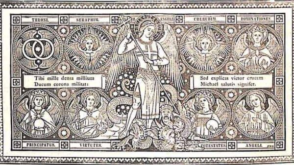 Der heilige Erzengel Michael steht in der Mitte des Bildes mit der Lanze in der Hand; unter ihm der höllische Drache, den er besiegt hat; rechts und links von ihm sind weitere Engel zu sehen