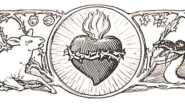 Ein Bild voll Dornen, in der Mitte das flammende Herz Jesu Christi mit Dornen umrankt, rechts die Schlange, links das Lamm, das in den Dornen der Sünde gefangen ist
