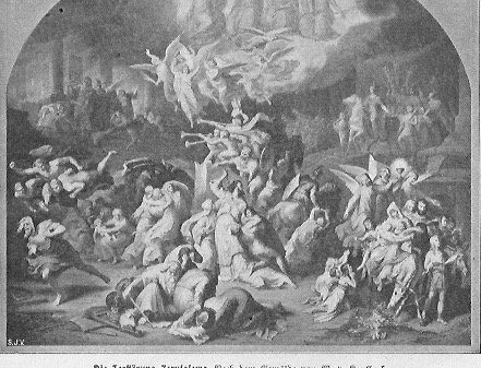 Die Zerstörung Jerusalems: rechts rückwärts ist der Einzug des Titus, rechts vorne symbolisch der Auszug des Christentums dargestellt, in der Mitte vorne gibt sich der Hohe Priester mit seinem Schwert den Tod