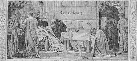 Zur Zeit der Päpste der Katakomben Tod eines Papstes im Stuhl sitzend während die Christen trauern