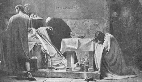 Zur Zeit der Päpste der Katakomben Der Papst sitzt tot im Stuhl, während ein Christ trauert