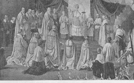 Die Verkündigung des Dogmas Unbefleckte Empfängnis durch Pius IX.; er steht, vom Heiligen Geist erleuchtet, in der Runde der Kardinäle und anderer Geistlicher, die Hand ausgebreitet, in der linken Hand ein Buch; die vor ihm befindlichen Geistlichen knien