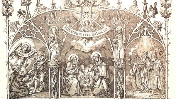 Das Fest der gnadenreichen Geburt Jesu, Weihnachten, in der Mitte sieht man Maria und Joseph sowie das Jesuskind in der Krippe, links die Hirten, die vom Engel die frohe Botschaft erhalten, rechts die drei Weisen mit ihren Geschenken; über der Krippe mit dem Jesuskind ist ein Engel, der ein Spruchband hält, auf dem in lateinischer Sprache steht: Und das Wort ist Fleisch geworden; das Bild ist geziert mit Tannen, Vögeln und zwei Heiligenstatuen rechts und links von der heiligen Familie
