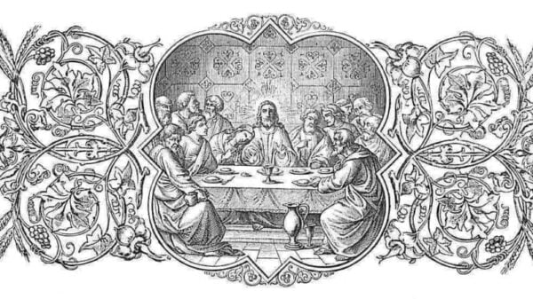 Von Blumengirlanden umrankt sieht man in der Mitte den Abendmahlstisch, an dem Jesus das allerheiligste Altarsakrament einsetzte mit den Konsekrationsworten; die Apostel sitzen um den Tisch, während Judas Iskariot bereits mit dem Geldbeutel wartet fortzugehen