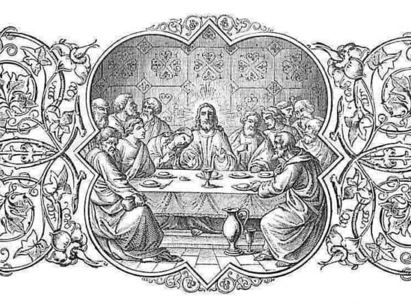 Von Blumengirlanden umrankt sieht man in der Mitte den Abendmahlstisch, an dem Jesus das allerheiligste Altarsakrament einsetzte mit den Konsekrationsworten; die Apostel sitzen um den Tisch, während Judas Iskariot bereits mit dem Geldbeutel wartet fortzugehen