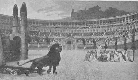 Die Katakomben Päpste der ersten Jahrhunderte: Ein Löwe wartet in der Arena, während die Christen kniend beten