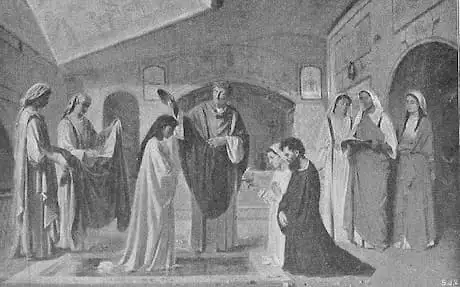 Zur Zeit der Päpste der Katakomben: Taufe in einer Katakombe; Eine Frau wird vom Priester getauft, während Taufzeugen knien