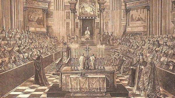 Öffentliche Sitzung des Konzils von 1869/70 in St. Peter; vorne ist ein Altar zusehen