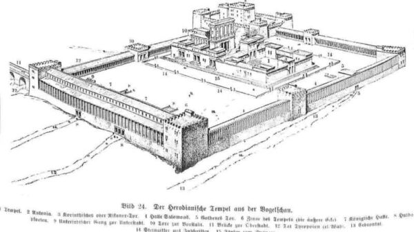 Der herodianische Tempel von Jerusalem in der Vogelschau; eine Zeichnung der Anlage, wie der Tempel vom Jerusalem in die verschiedenen Bereiche eingeteilt war