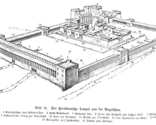 Der herodianische Tempel von Jerusalem in der Vogelschau; eine Zeichnung der Anlage, wie der Tempel vom Jerusalem in die verschiedenen Bereiche eingeteilt war