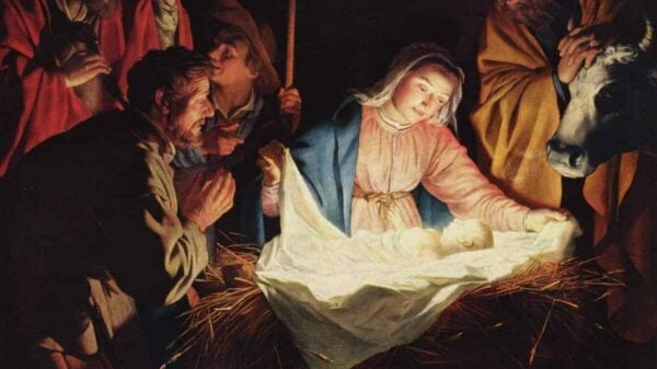 Der hochheilige Weihnachtstag: Die Geburt unseres Heilandes Jesus Christus; das Jesuskindlein liegt in der Krippe, von hellem Licht umstrahlt.