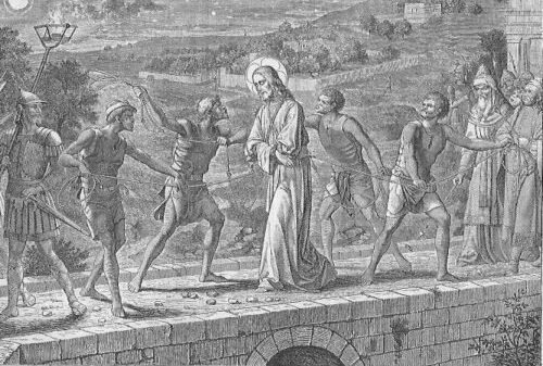 Die Gefangennahme Jesu Jesus wird mit Seilen gefesselt von Schergen über eine steinerne Brücke geführt, gefolgt von Mitgliedern des Hohen Rates; einer der Schergen erhebt seine Hand, um Jesus mit dem Seil zu schlagen