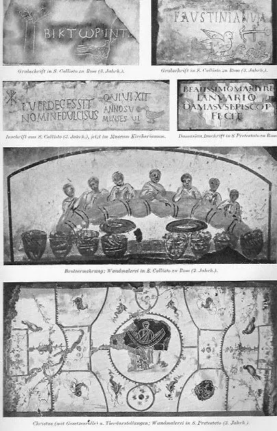 Eine Reihe von Fotos aus den Katakomben: Wandmalereien und eingravierte Namen