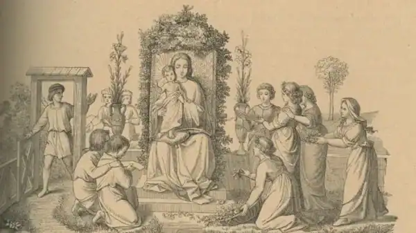 In der Mitte des Bildes sitzt Maria, umrankt von Kletterpflanzen; sie hält ihren Sohn Jesus, der bei ihr auf einem Polster steht; rechts stehen und knien Mädchen, geschmückt mit Blumenkränzen im Haar; sie singen und bringen der Muttergottes Blumen; auf der linken Seite sieht man zwei Jungen, die knien und ebenfalls singen; ein Bursche kommt gerade durch das Gartentor hinzu