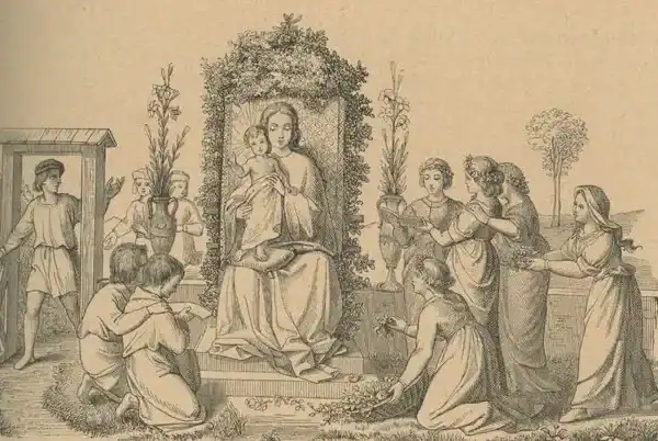 In der Mitte des Bildes sitzt Maria, umrankt von Kletterpflanzen; sie hält ihren Sohn Jesus, der bei ihr auf einem Polster steht; rechts stehen und knien Mädchen, geschmückt mit Blumenkränzen im Haar; sie singen und bringen der Muttergottes Blumen; auf der linken Seite sieht man zwei Jungen, die knien und ebenfalls singen; ein Bursche kommt gerade durch das Gartentor hinzu