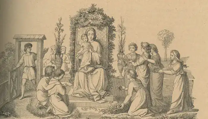 In der Mitte des Bildes sitzt Maria, umrankt von Kletterpflanzen; sie hält ihren Sohn Jesus, der bei ihr auf einem Polster steht; rechts stehen und knien Mädchen, geschmückt mit Blumenkränzen im Haar; sie singen und bringen der Muttergottes Blumen; auf der linken Seite sieht man zwei Jungen, die knien und ebenfalls singen; ein Bursche kommt gerade durch das Gartentor hinzu