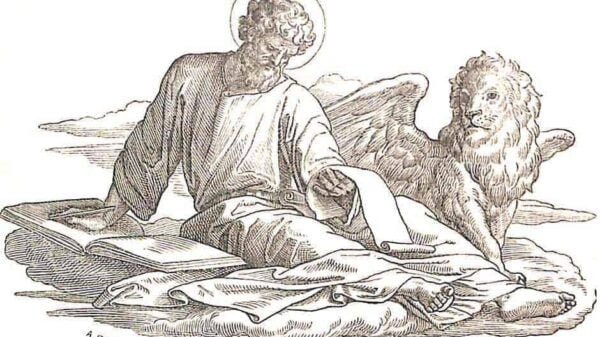 Der heilige Evangelist Markus sitzt auf einer Art Wolke, den rechten Arm aufgestützt auf ein Buch, einen Stift zum Schreiben in der Hand, in der linken Hand hält er eine Schreibrolle; neben ihm sitzt ein geflügelter Löwe