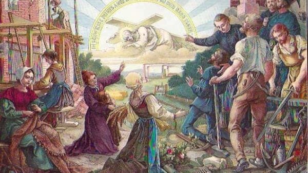 Man sieht auf dem farbigen Bild den Arbeiterstand, Männer und Frauen bei ihrer Arbeit; ein Priester zeigt auf Christus, der unter der Last des Kreuzes fällt; dieses ist zu sehen im Hintergrund am Himmel
