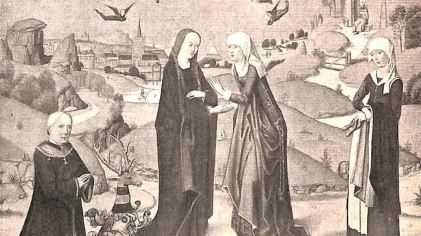 Ein mittelalterliches Bild, auf dem Maria und Elisabeth zu sehen sind; Elisabeth trägt eine Art Ordenskleidung, ebenso die Frau, die ganz rechts im Bild zu sehen ist; links ist ein Geistlicher zu sehen, der auf dem Boden kniet; in der Luft sind sechs Engel zu sehen; im Hintergrund sind mittelalterliche Gebäude zu sehen wie z.B. eine Burg