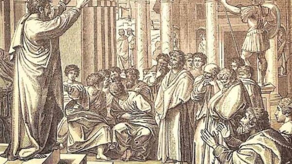 Der heilige Völkerapostel Paulus predigt mit erhobenen Händen Christus vor den Griechen, insbesondere den Weisen und Philosophen, die frohe Botschaft Jesu Christi