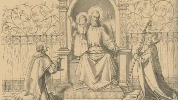 Der heilige Joseph sitzt auf einem Thron, das Jesuskind steht links, in der Hand hält er einen Lilienzweig.