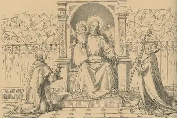 Der heilige Joseph sitzt auf einem Thron, das Jesuskind steht links, in der Hand hält er einen Lilienzweig.