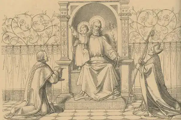 Der heilige Joseph sitzt auf einem Thron, das Jesuskind steht links, in der Hand hält er einen Lilienzweig.