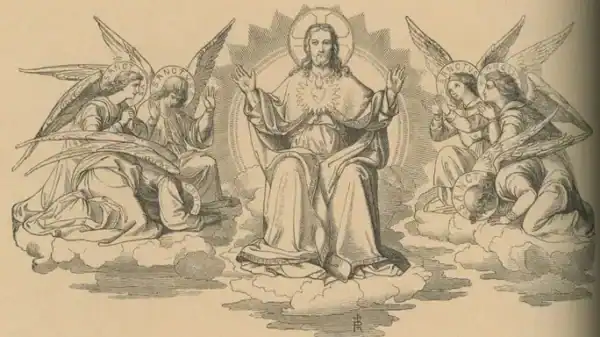 Christus sitzt in der Mitte, beide Hände ausgebreitet, so dass die Wundmale zu sehen sind; auf Seiner Brust ist Sein heiligstes Herz zu sehen.