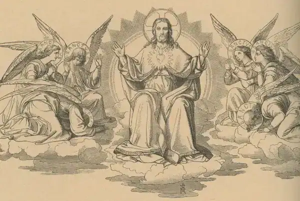 Christus sitzt in der Mitte, beide Hände ausgebreitet, so dass die Wundmale zu sehen sind; auf Seiner Brust ist Sein heiligstes Herz zu sehen.